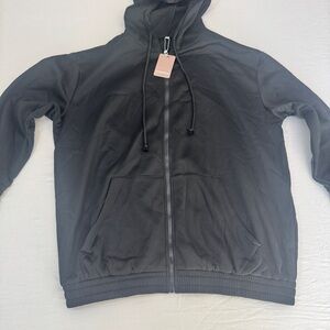 Black Full-Zip Hoodie with Hood and Front Pockets Cotton Blend